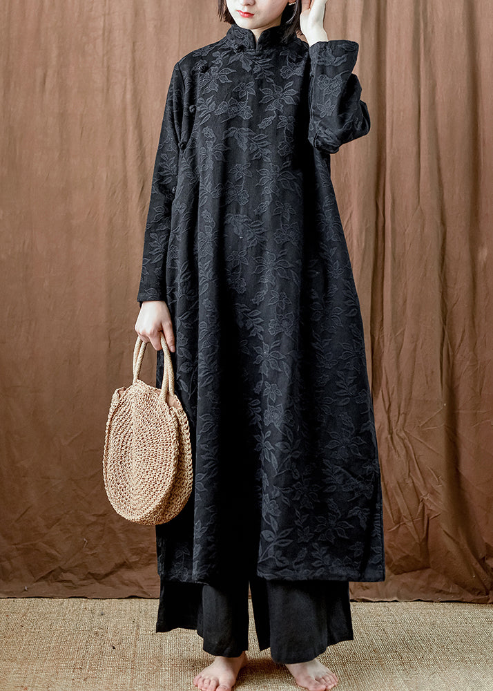 Black Pockets Cotton Long Dresses Stand Collar Fall Mn064