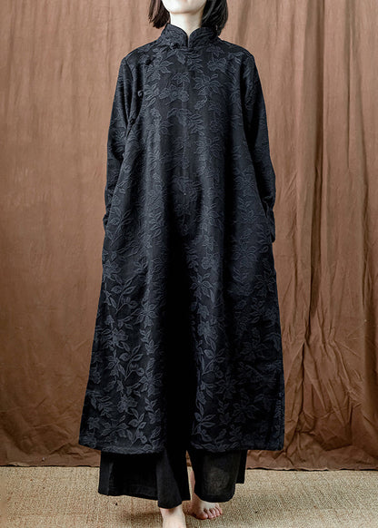 Black Pockets Cotton Long Dresses Stand Collar Fall Mn064