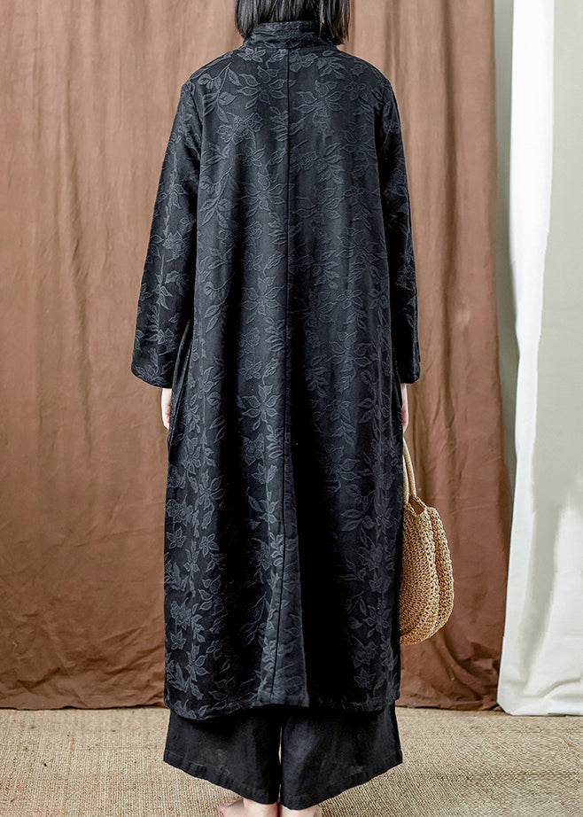 Black Pockets Cotton Long Dresses Stand Collar Fall Mn064