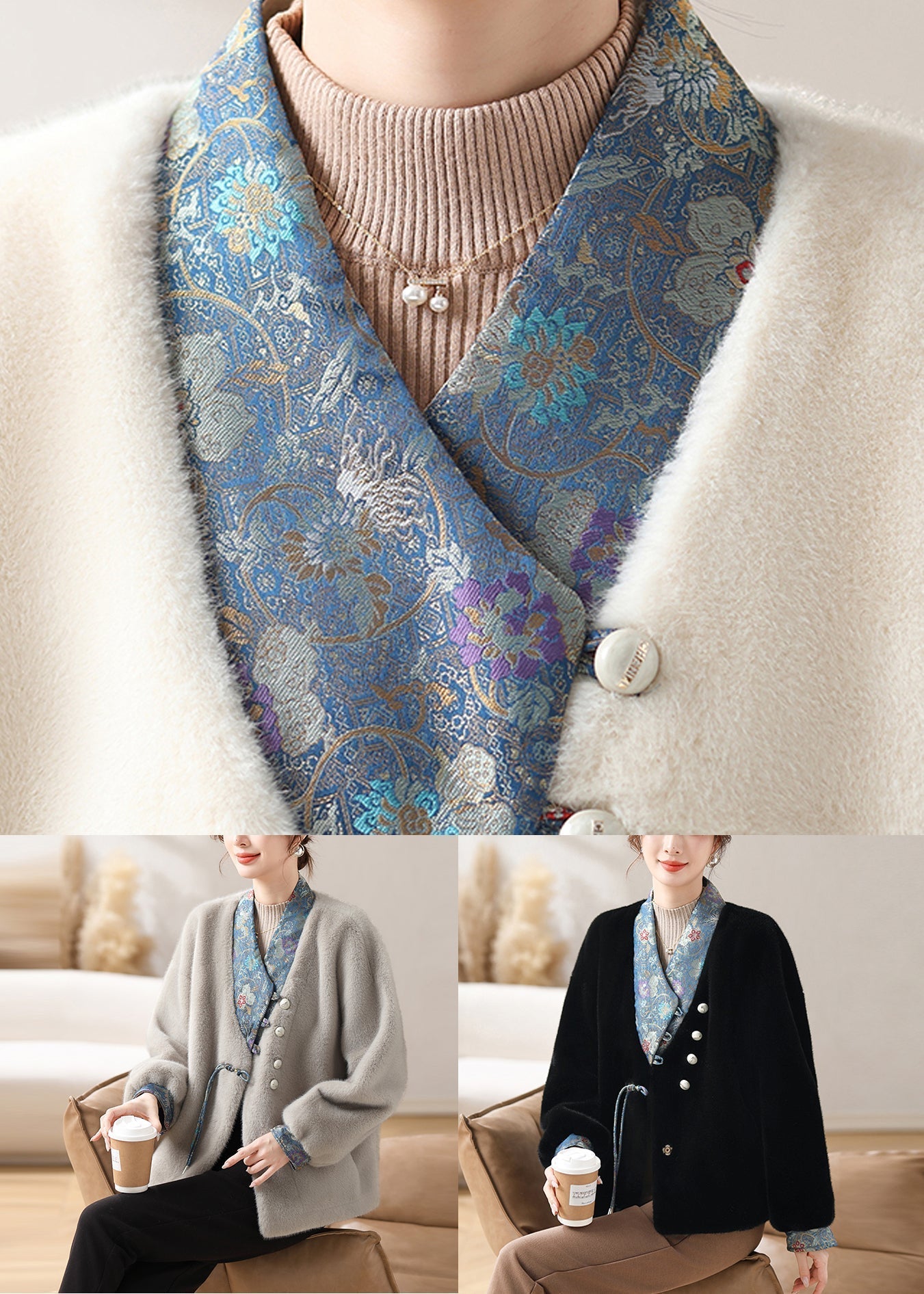Loose Grey V Neck Button Patchwork Mink Velvet Coats Winter Rc015