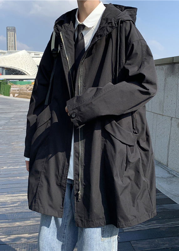 Black Pockets Cotton Coat Hooded Spring Yq016