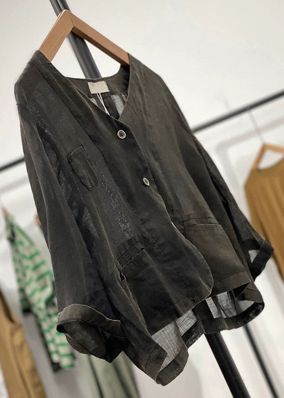 Black Pockets Linen Cardigan V Neck Long Sleeve Gg033