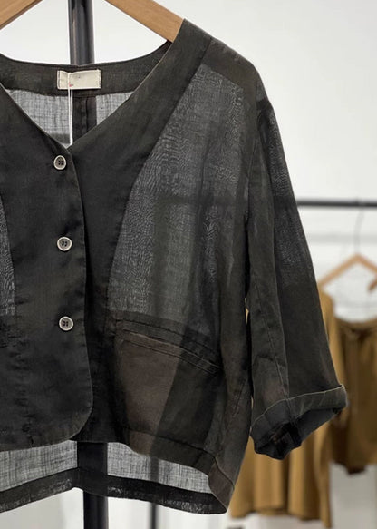 Black Pockets Linen Cardigan V Neck Long Sleeve Gg033