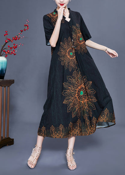 Black Print Silk Long Dress Oversized Pocket Summer Ly0927