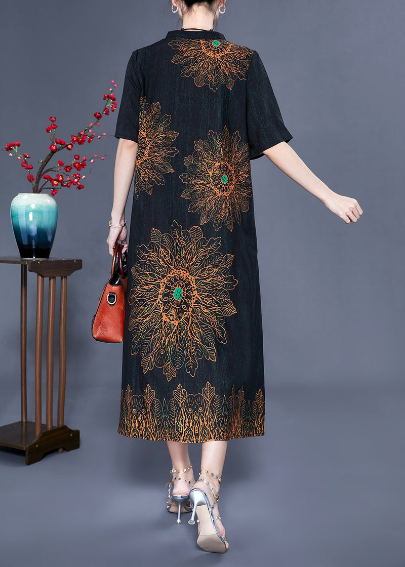 Black Print Silk Long Dress Oversized Pocket Summer Ly0927