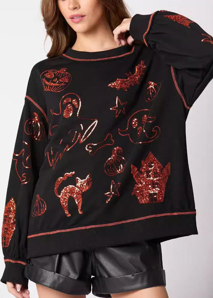 Black Sequins Cotton Sweatshirt O Neck Long Sleeve Ae1039