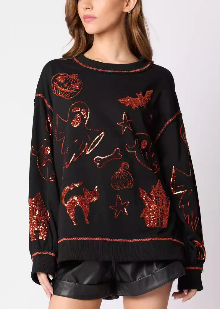 Black Sequins Cotton Sweatshirt O Neck Long Sleeve Ae1039