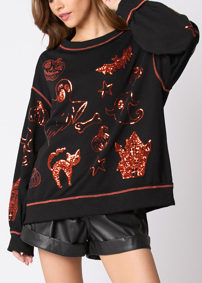 Black Sequins Cotton Sweatshirt O Neck Long Sleeve Ae1039