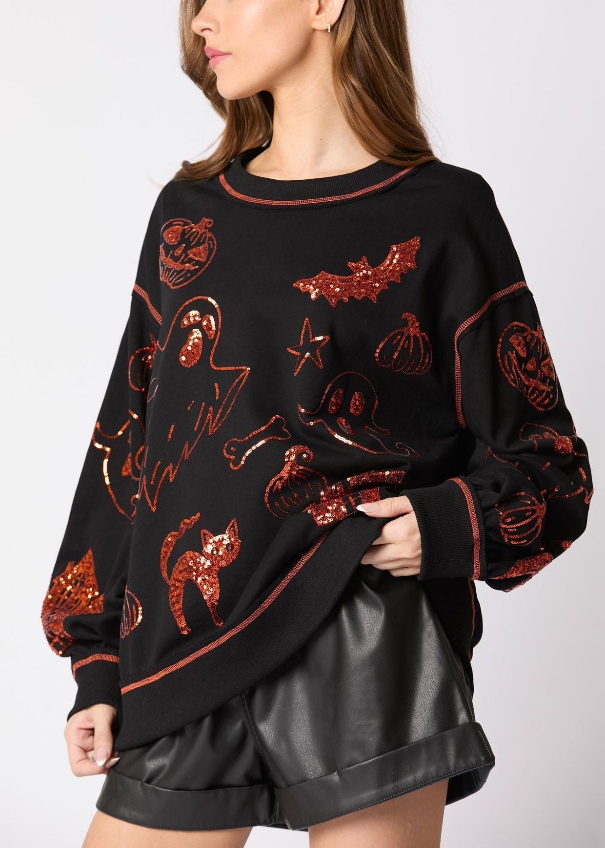 Black Sequins Cotton Sweatshirt O Neck Long Sleeve Ae1039