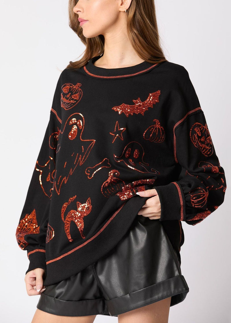 Black Sequins Cotton Sweatshirt O Neck Long Sleeve Ae1039