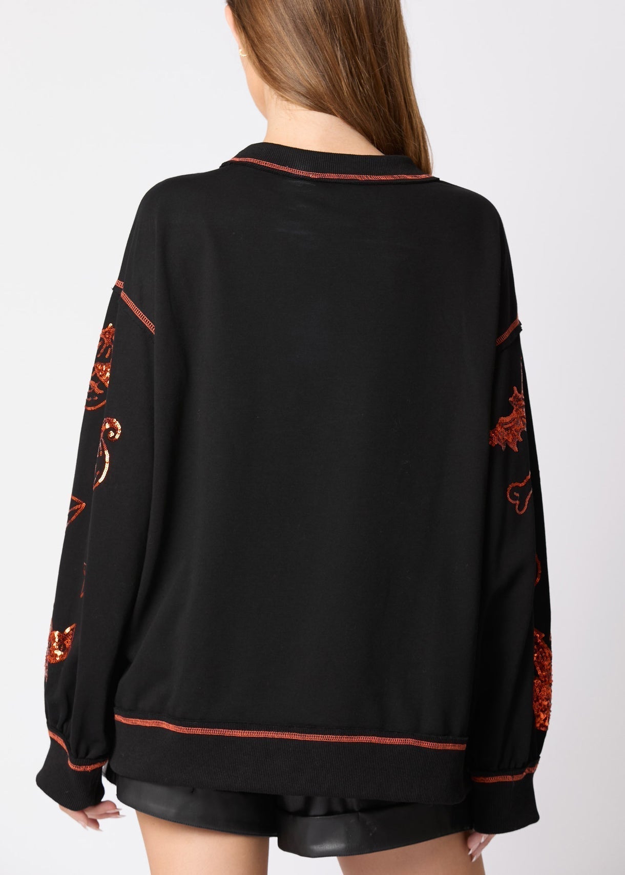 Black Sequins Cotton Sweatshirt O Neck Long Sleeve Ae1039