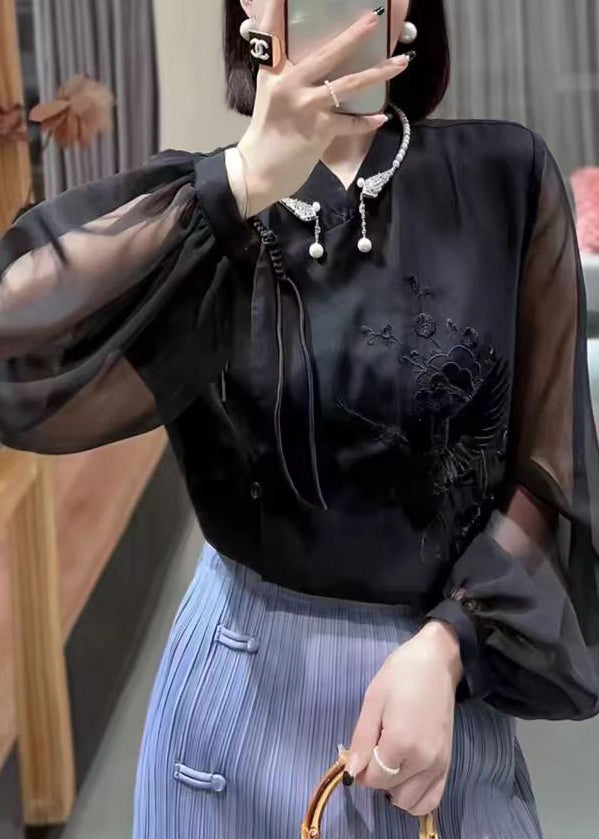 Black Button Chiffon Blouses Stand Collar Lantern Sleeve Qa1049