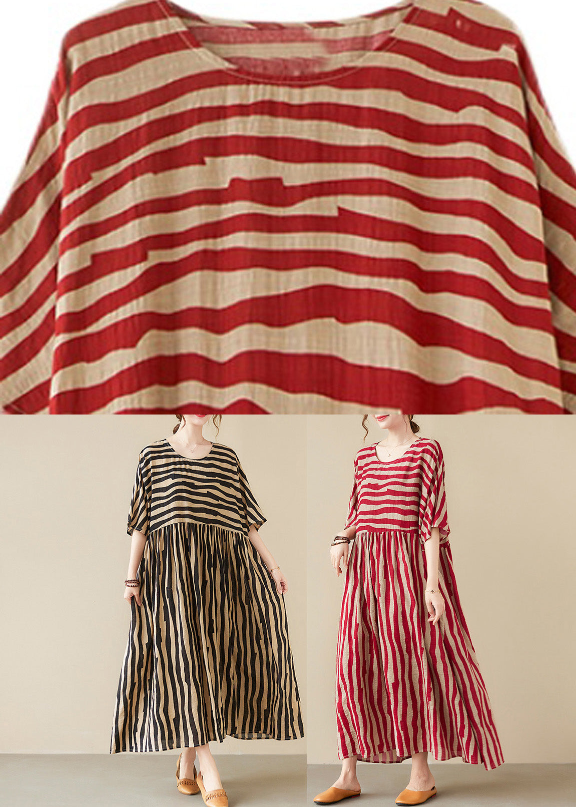 Black Striped Patchwork Wrinkled Maxi Dresses Summer Tq1002