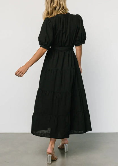 Black Tie Waist Cotton Long Dresses V Neck Short Sleeve Au1004
