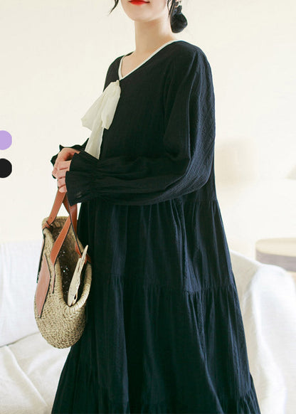 Black Wrinkled Cotton Long Dress Long Sleeve Ti1010