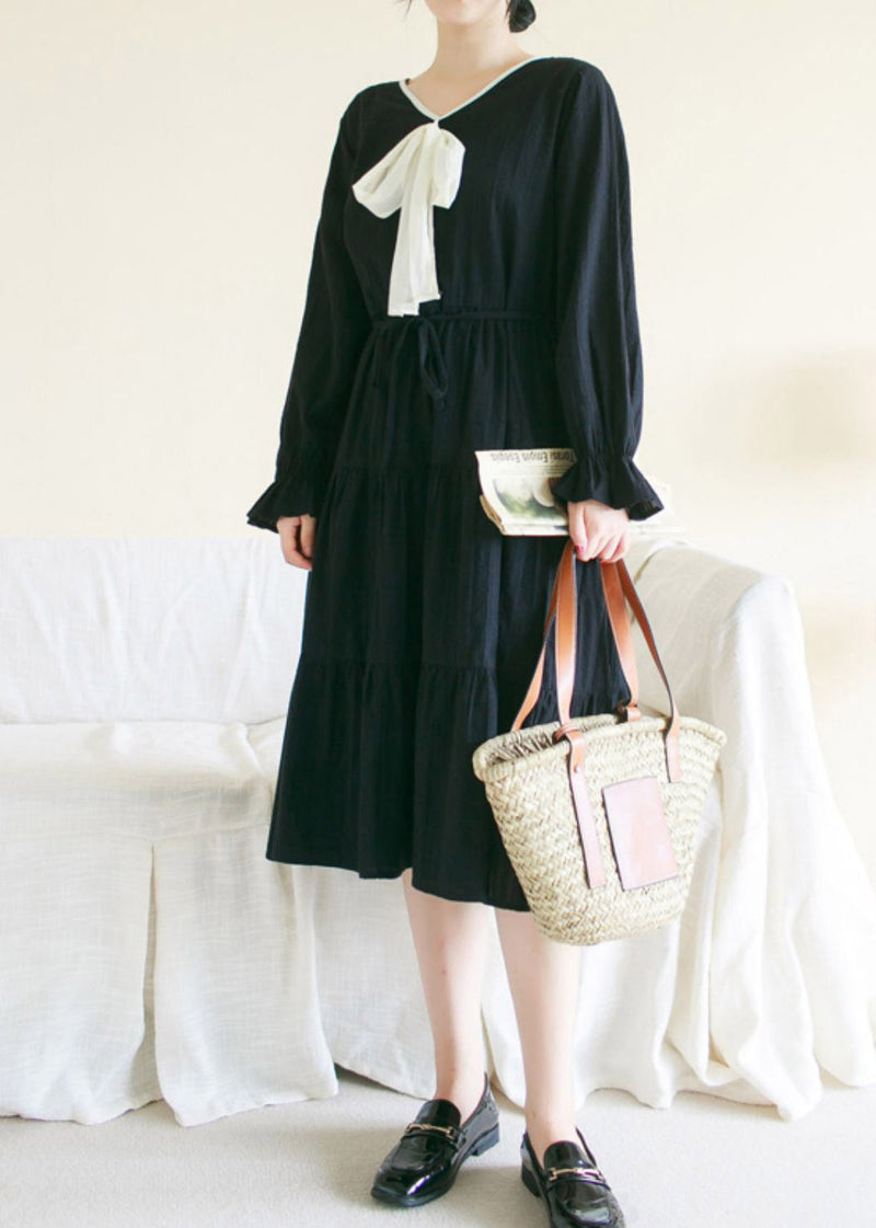Black Wrinkled Cotton Long Dress Long Sleeve Ti1010