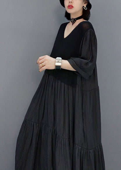 Black Wrinkled Vacation Long Dresses Half Sleeve Vb1003