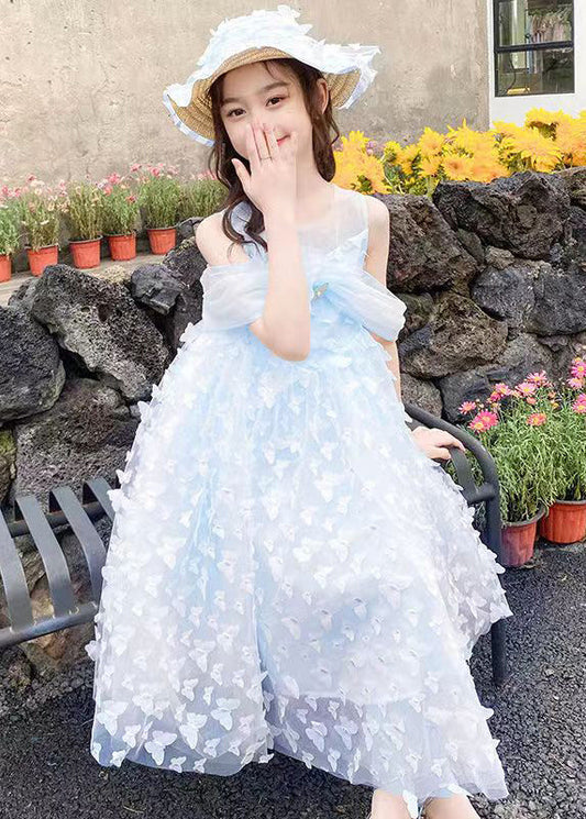 Blue Cold Shoulder Tulle Summer Long Dress Butterfly Tt034