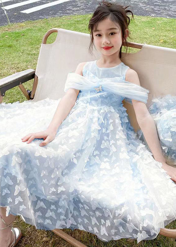Blue Cold Shoulder Tulle Summer Long Dress Butterfly Tt034