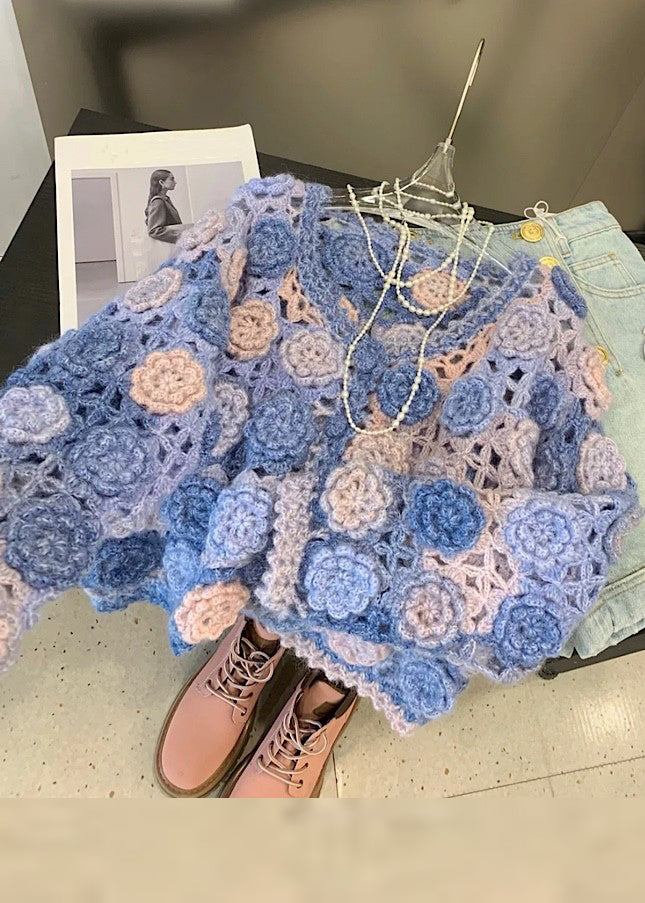 Blue Hollow Out Button Knit Fall Cardigan V Neck Wy029