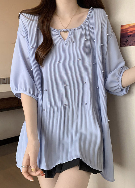 Blue Nail Bead Patchwork Chiffon Blouses O-neck Half Sleeve Re036