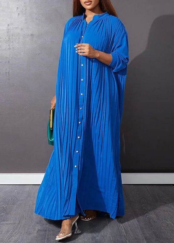 Blue O-neck Button Vacation Maxi Dresses Long Sleeve Vb1037