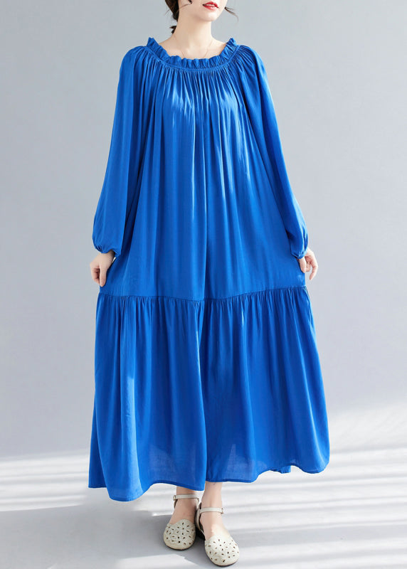 Blue O-neck Ruffled Patchwork Chiffon Maxi Dress Spring Gh1081
