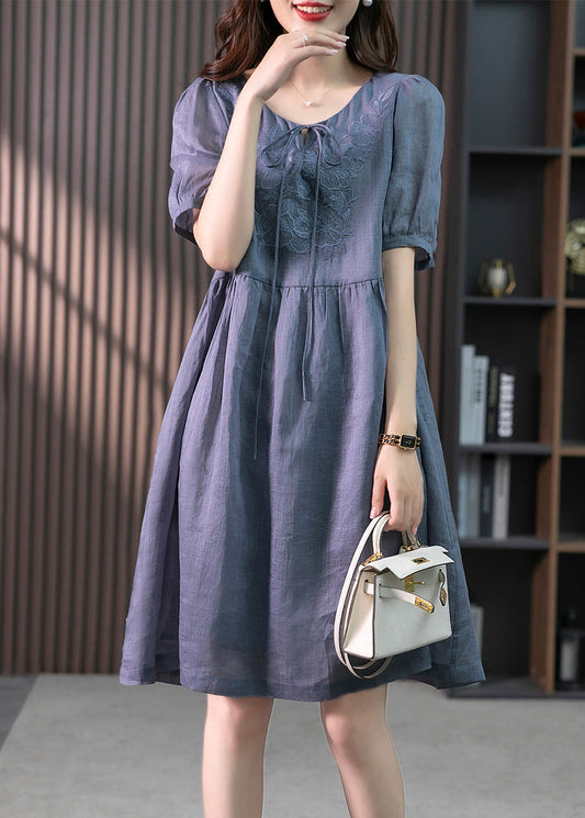 Blue Patchwork Neck Tie Linen Maxi Dresses Short Sleeve Ly1754