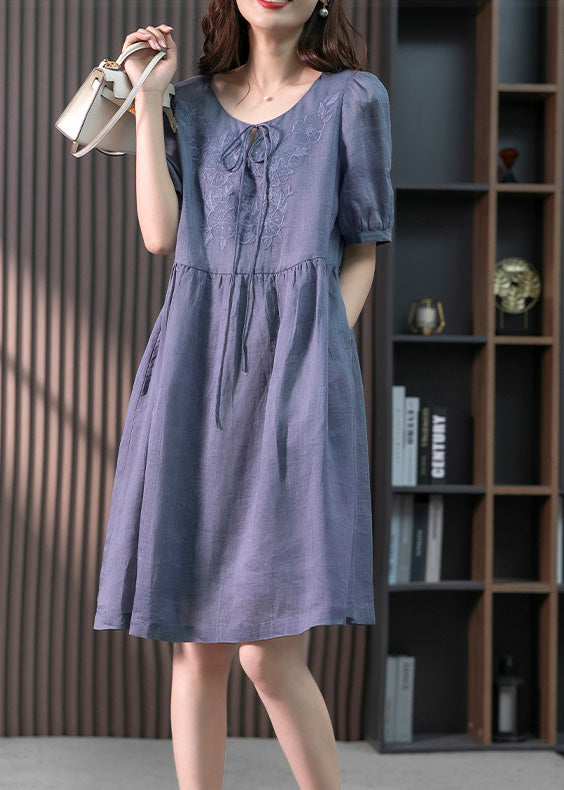 Blue Patchwork Neck Tie Linen Maxi Dresses Short Sleeve Ly1754