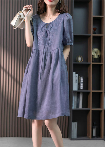Blue Patchwork Neck Tie Linen Maxi Dresses Short Sleeve Ly1754