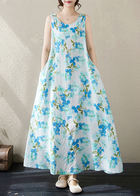Blue Pockets Cotton Long Dresses O Neck Summer Jh038
