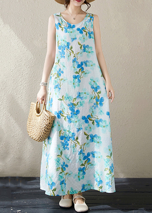 Blue Pockets Cotton Long Dresses O Neck Summer Jh038