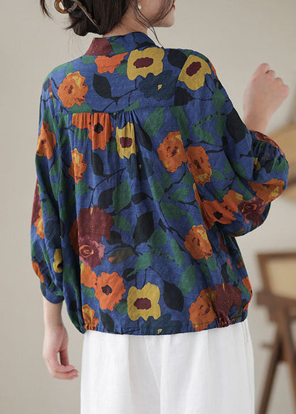 Blue Print Cotton Blouses Stand Collar Button Long Sleeve Ap051
