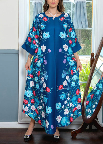 Blue Print Nail Bead Cotton Maxi Dresses O Neck Bracelet Sleeve Aa1019