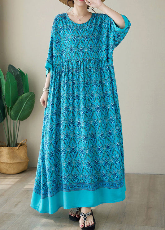 Blue Print Cotton Long Dress O Neck Summer Ap041
