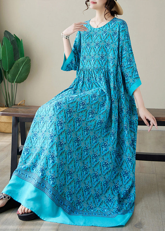 Blue Print Cotton Long Dress O Neck Summer Ap041