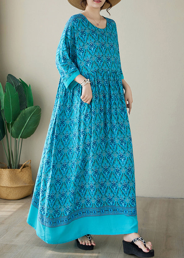 Blue Print Cotton Long Dress O Neck Summer Ap041