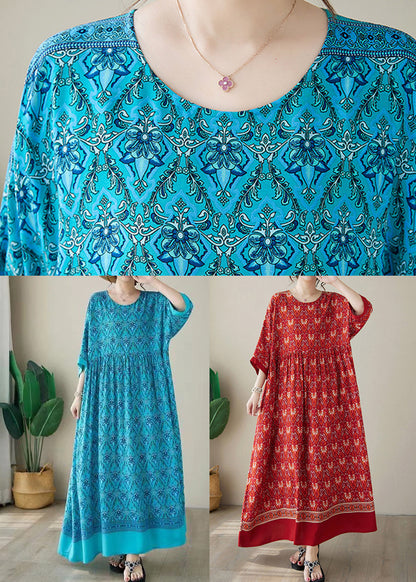Blue Print Cotton Long Dress O Neck Summer Ap041