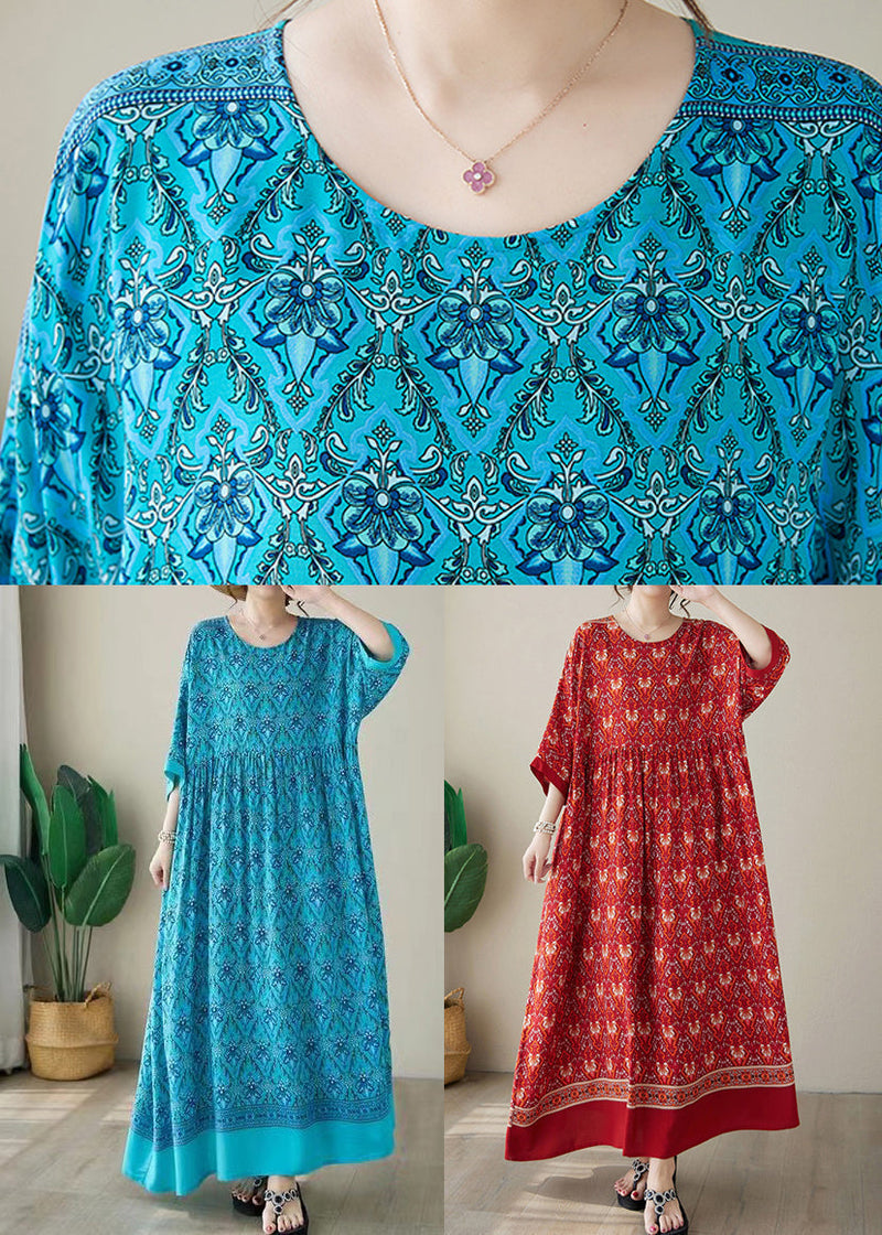 Blue Print Cotton Long Dress O Neck Summer Ap041