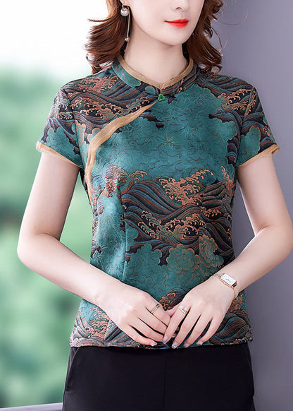 Blue Print Silk Blouse Top Mandarin Collar Slim Fit Summer Ly0450