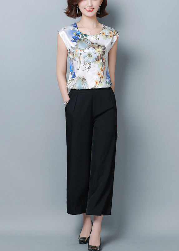 Blue Print Silk Blouse Top O-neck Slim Fit Short Sleeve Ly0413