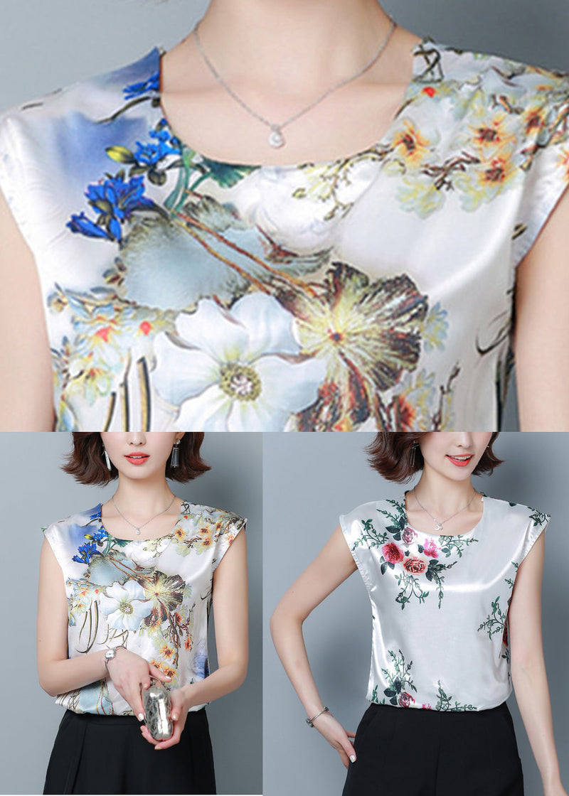 Blue Print Silk Blouse Top O-neck Slim Fit Short Sleeve Ly0413