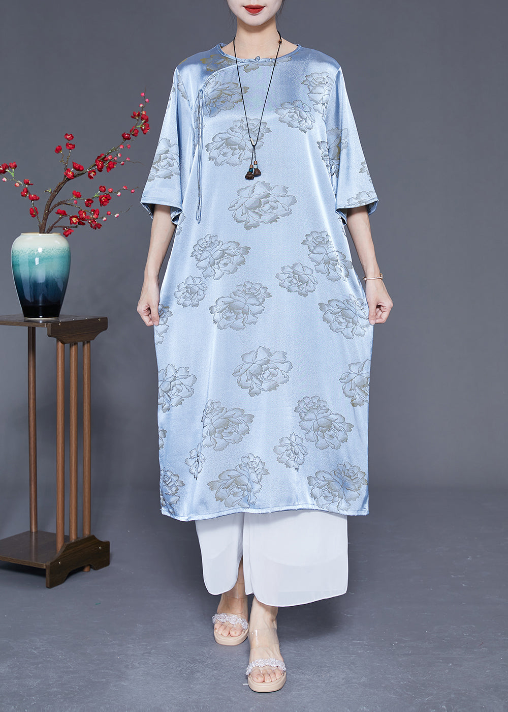 Blue Print Silk Long Dresses Chinese Button Tassel Half Sleeve Ly1858