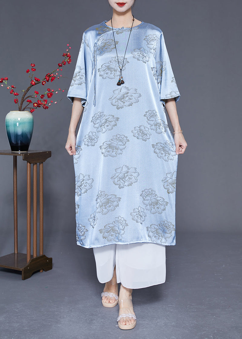 Blue Print Silk Long Dresses Chinese Button Tassel Half Sleeve Ly1858