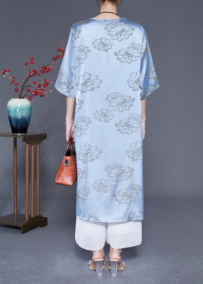 Blue Print Silk Long Dresses Chinese Button Tassel Half Sleeve Ly1858