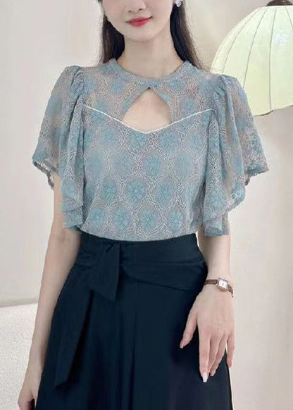 Blue Button Blouses O-neck Short Sleeve Op1017