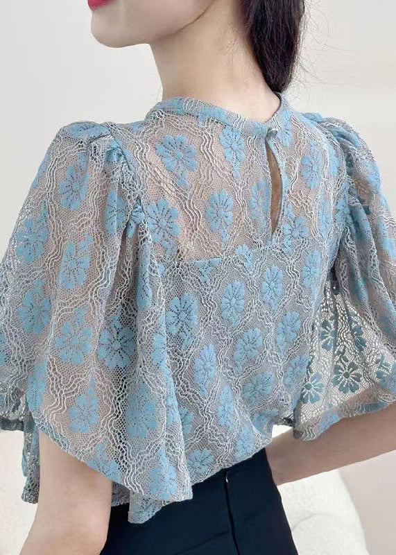 Blue Button Blouses O-neck Short Sleeve Op1017