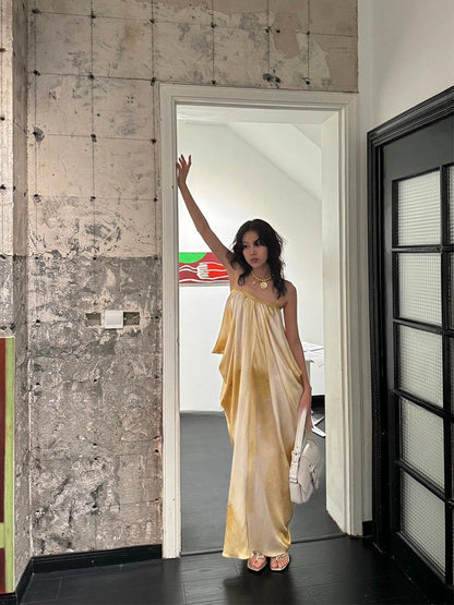 French Tie-dye Maxi Dress Ruched Slip Dress for Summer Beach Getaway