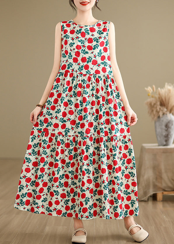 Beige O Neck Print Cotton Long Dresses Sleeveless Jh029