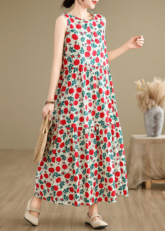 Beige O Neck Print Cotton Long Dresses Sleeveless Jh029